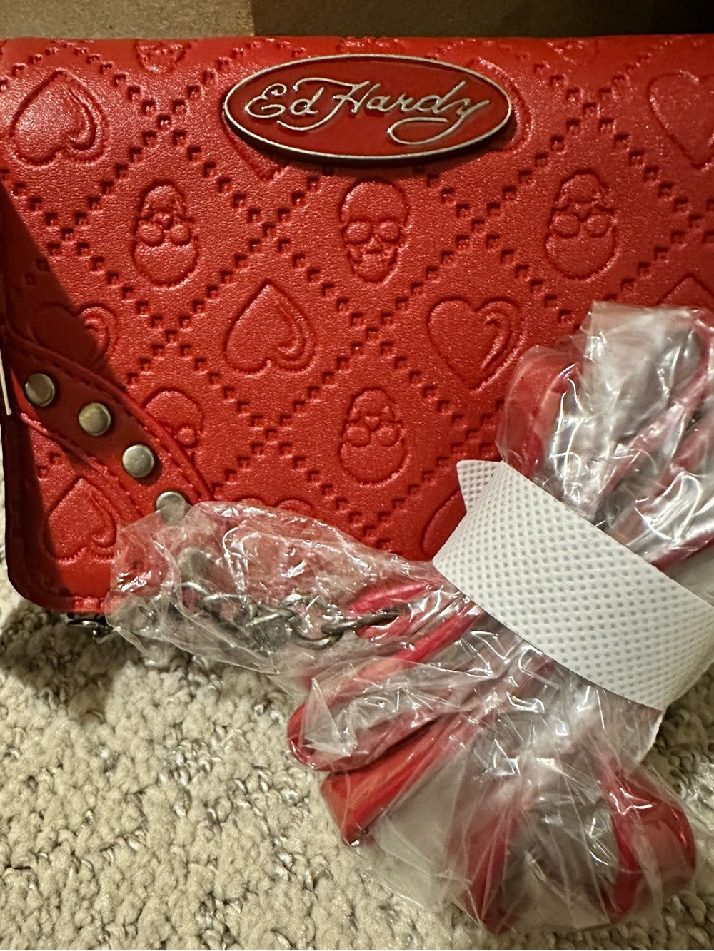 Ed Hardy Red Embossed Skull & Heart Shoulder Bag with Chain Strap